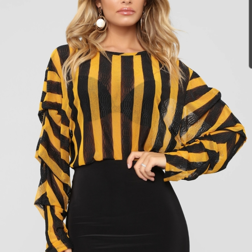 Xs Fashionnova Long Sleeve Striped Mesh Top